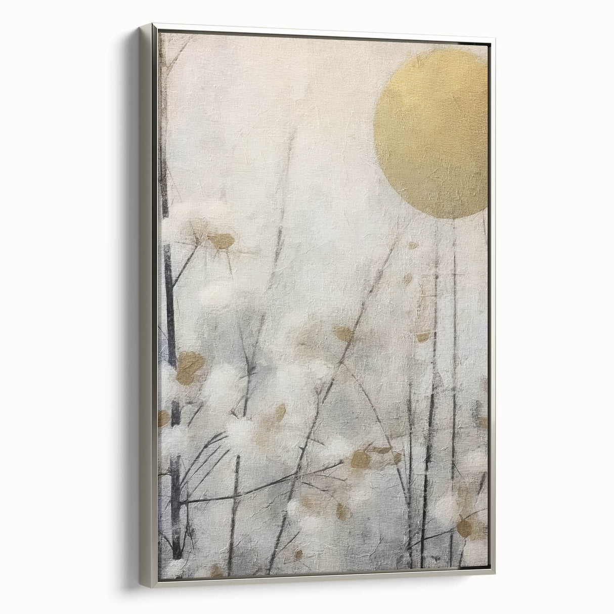 Framed canvas wall art featuring vibrant abstract floral design in shades of blue and pink, with a sleek silver frame, displayed in a stylish interior setting.
