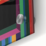 Abstract geometric acrylic glass artwork showcasing vibrant colors and intricate patterns, perfect for modern decor. Close-up highlights the glossy finish and sharp lines, emphasizing its artistic details. Ideal for contemporary interior design enthusiasts.