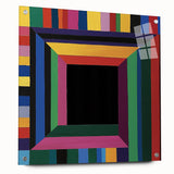 Abstract geometric acrylic glass design showcasing vibrant colors and intricate patterns, displayed in a side view with visible pins, ideal for modern decor.