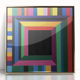 Framed acrylic wall art showcasing a modern abstract geometric design in gold, perfect for contemporary home decor. Features sharp angles and vibrant hues, ideal for adding elegance to any space.