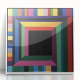 Abstract geometric framed acrylic artwork in white, showcasing modern design elements with sharp angles and vibrant colors, ideal for contemporary home decor.