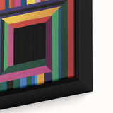 Close-up of a framed abstract geometric canvas artwork showcasing vibrant colors and intricate patterns, perfect for modern home decor and artistic expression.
