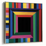 Framed geometric abstract canvas artwork with a sleek silver frame, showcasing vibrant shapes and colors, perfect for modern home decor.