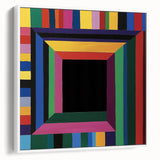 Framed abstract geometric canvas artwork showcasing bold white and black patterns, elegantly displayed in a modern setting, ideal for contemporary home decor.