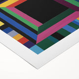 Abstract geometric wall art design on rolled canvas, showcasing vibrant colors and intricate shapes, ideal for modern decor. Packaged securely in a cardboard tube for easy transport.