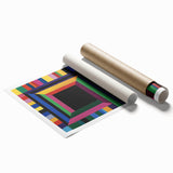 Abstract geometric rolled print showcasing vibrant colors and intricate shapes, ideal for modern home decor. Packaged securely in a durable cardboard tube for safe delivery.