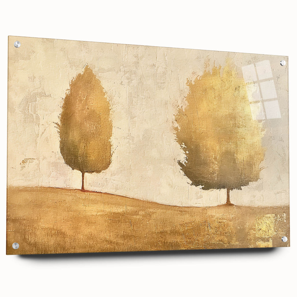 Abstract landscape wall art displayed in a sleek acrylic frame, showcasing vibrant colors and intricate details, perfect for modern home decor. The side view highlights the elegant pins securing the artwork, emphasizing its contemporary aesthetic and style.