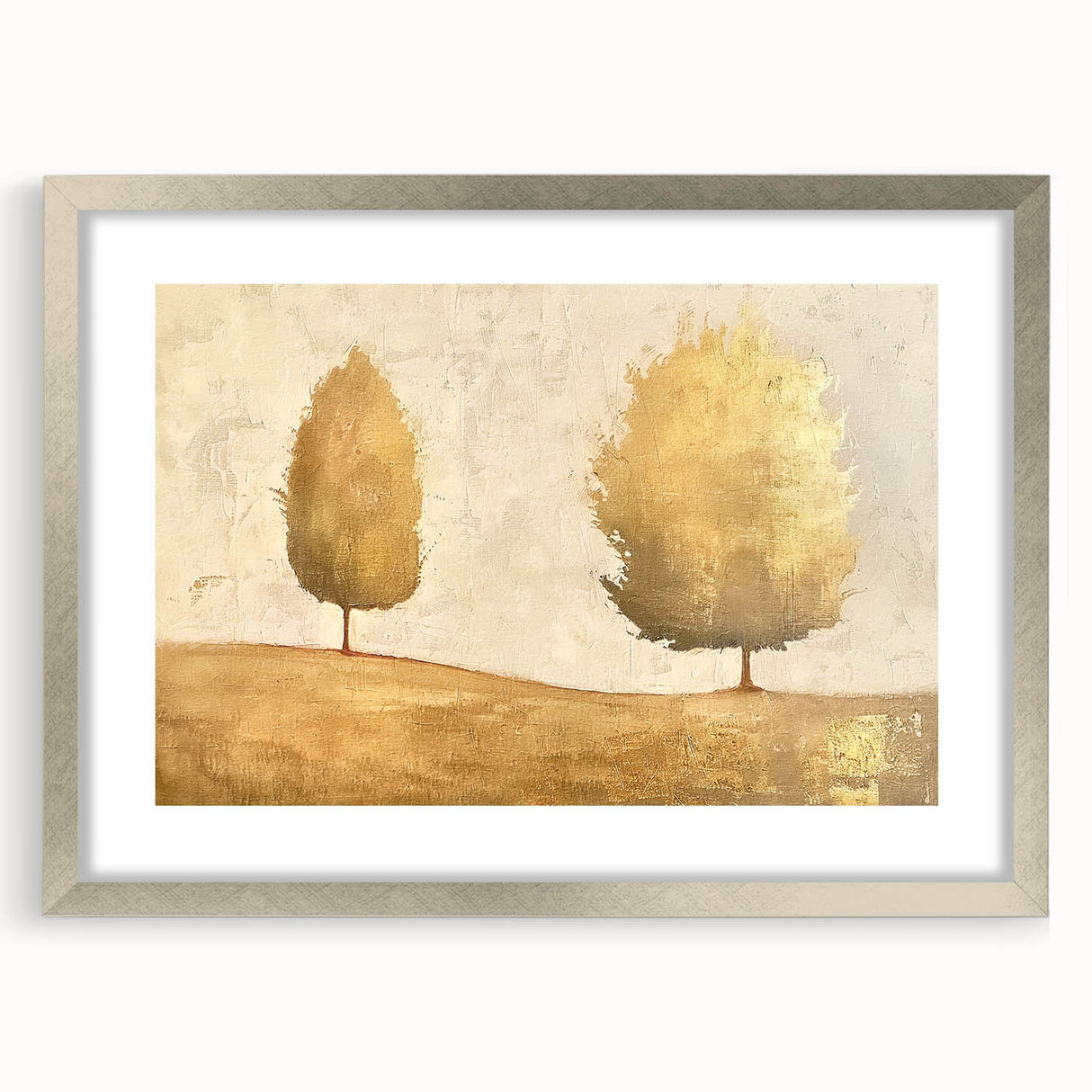 Abstract landscape wall art framed with a sleek silver mat, showcasing vibrant colors and dynamic brush strokes, ideal for modern home decor and artistic spaces.