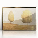 Framed abstract landscape wall art featuring a gold-accented design, perfect for modern home decor, showcasing vibrant colors and a contemporary aesthetic.