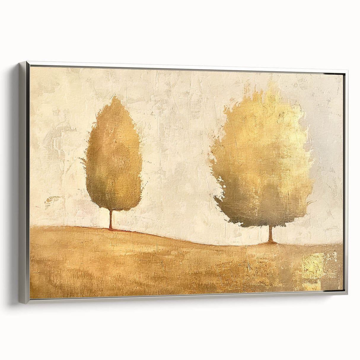 Framed canvas wall art depicting an abstract landscape design with a silver frame, showcasing vibrant colors and dynamic shapes, perfect for modern decor.