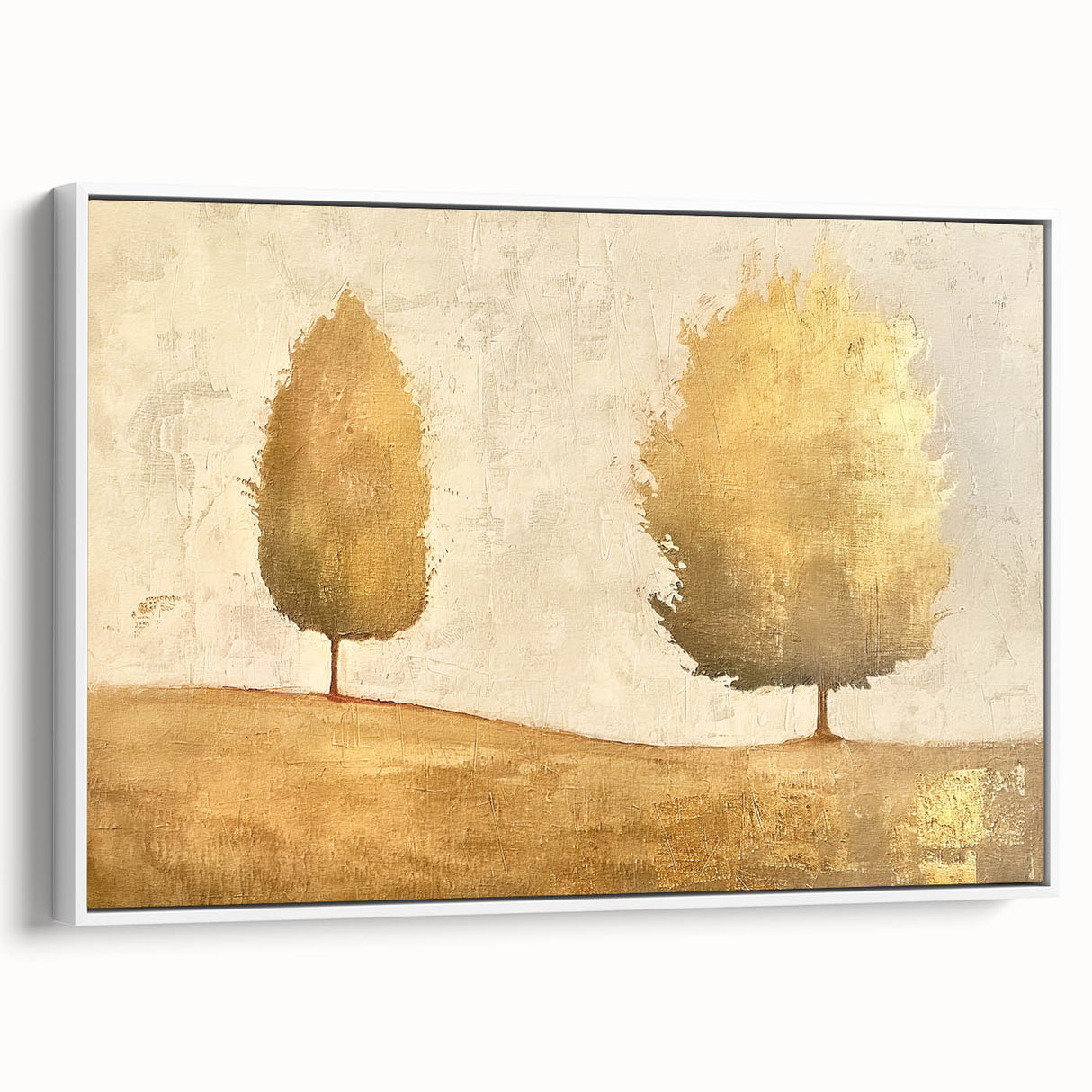 Framed abstract landscape wall art with a white border, showcasing soft earth tones and gentle curves, ideal for modern home décor and artistic ambiance.