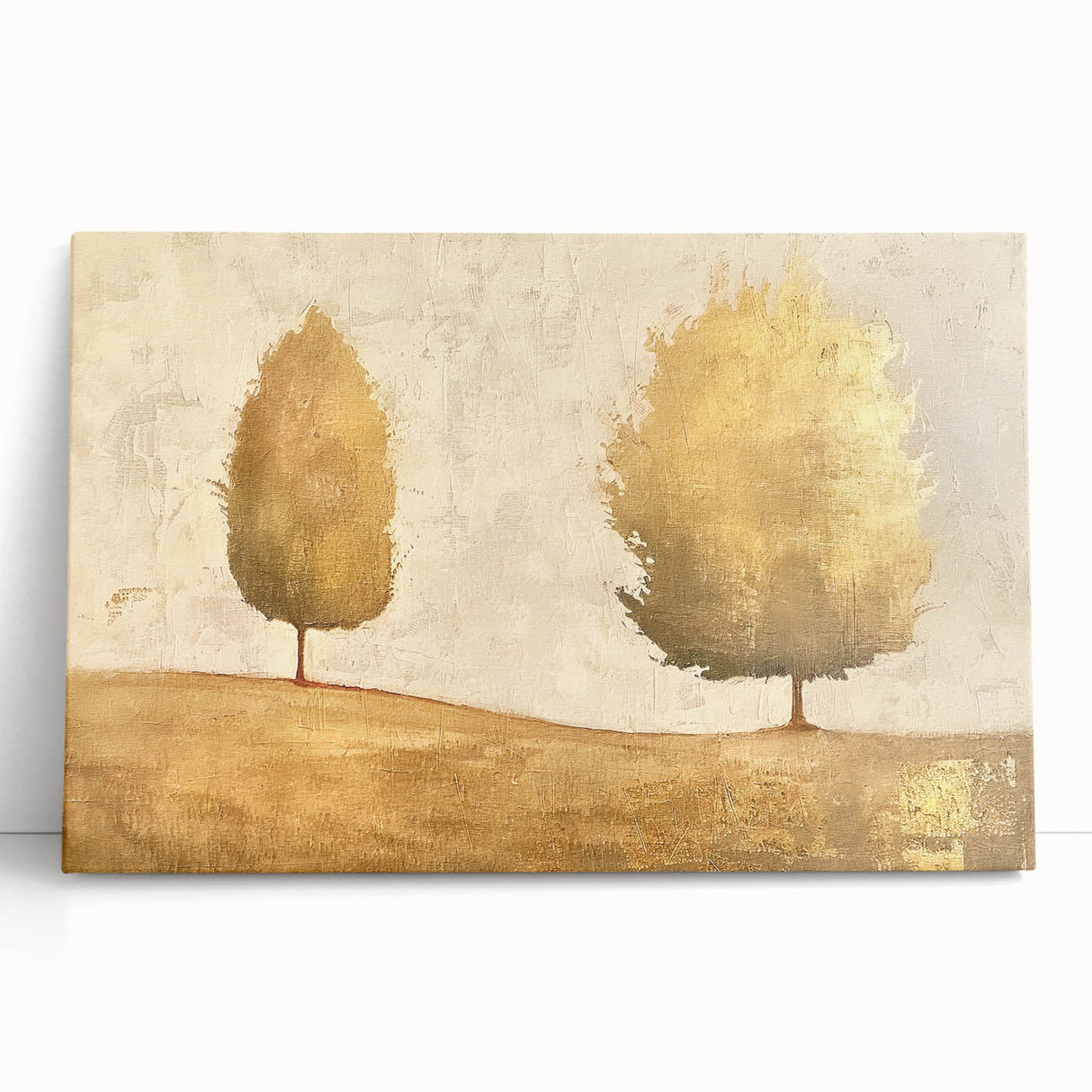 Abstract landscape wall art on a stretched canvas, showcasing vibrant colors and dynamic brush strokes, perfect for modern home decor. The artwork leans against a neutral wall, adding a touch of creativity and elegance to any space.