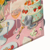 Large abstract wall art in vibrant orange and blue tones on acrylic glass, suitable for dining room ambiance.