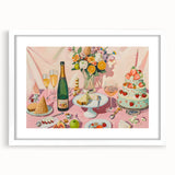 Abstract art print featuring swirling blue and gray tones on a white framed canvas, ideal for dining room decor.