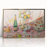 Large art print of a mid-century modernist food and drinks motif in gold tones on framed acrylic.