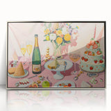 Mid-century modernist art deco poster featuring a stylized food and drinks motif in pastel shades, framed in silver acrylic.