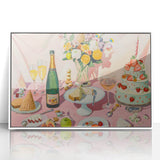 Art deco poster of drinks and food in bold, vibrant colors, framed acrylic, perfect for modern kitchen decor.