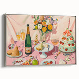 Landscape art painting on framed canvas depicting a vintage poster of colorful, assorted beverages in a black background.