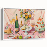 Extra large framed canvas of vintage poster art featuring colorful food and drink motifs on a black background.