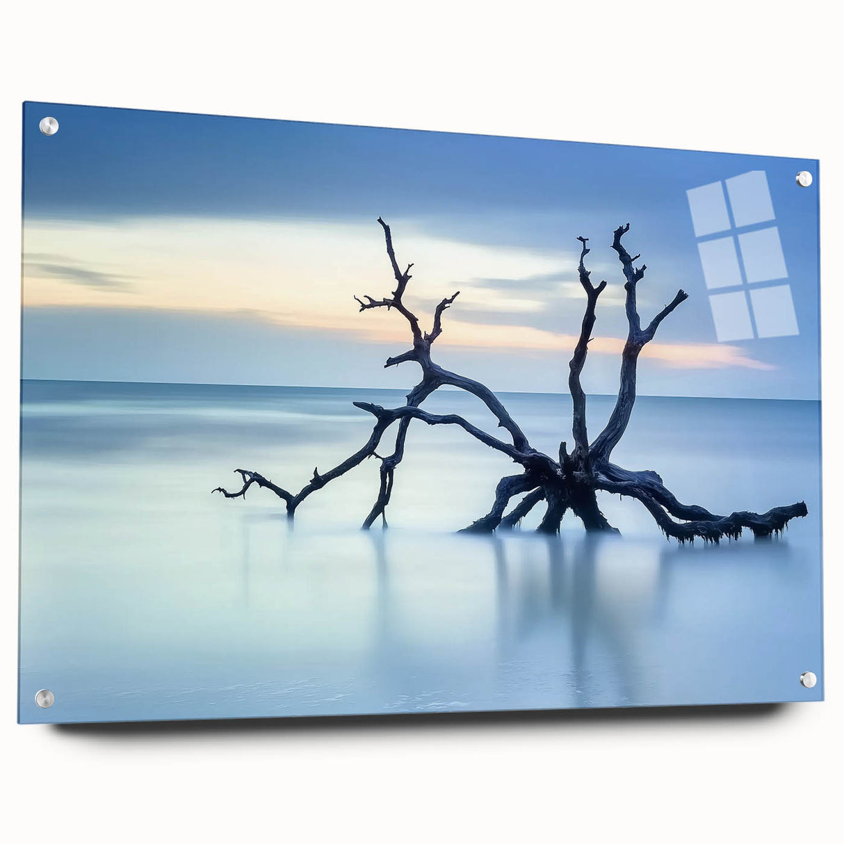 Acrylic glass artwork depicting a serene beach landscape, viewed from the side with decorative pins, showcasing vibrant colors and tranquil scenery for home decor.