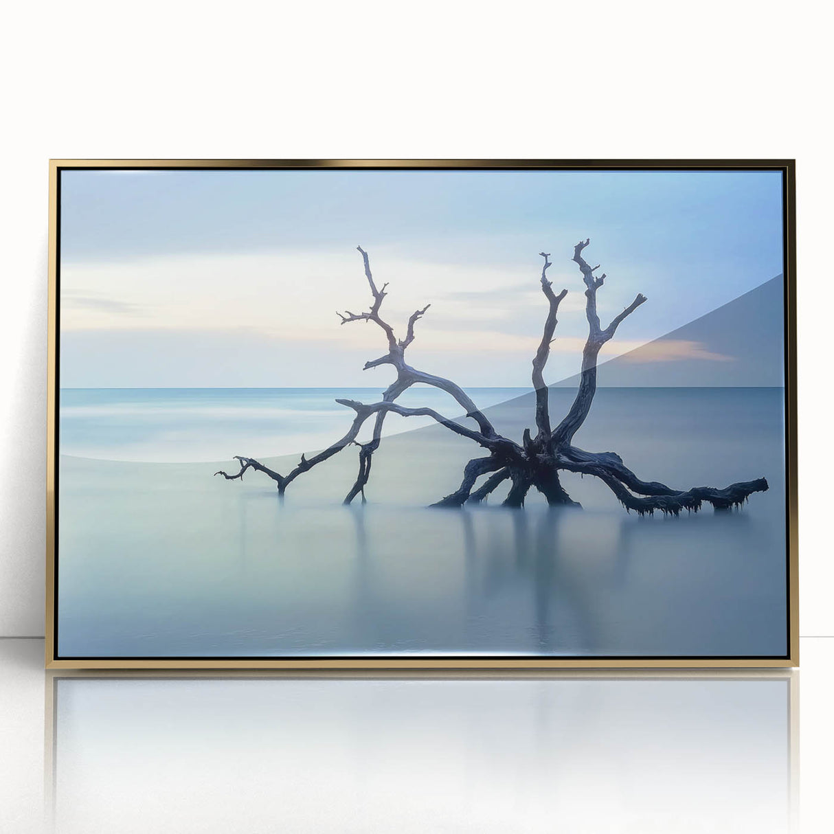 Framed acrylic artwork showcasing a vibrant beach landscape with golden hues, perfect for coastal-inspired decor. Ideal for enhancing living spaces with a serene vibe.