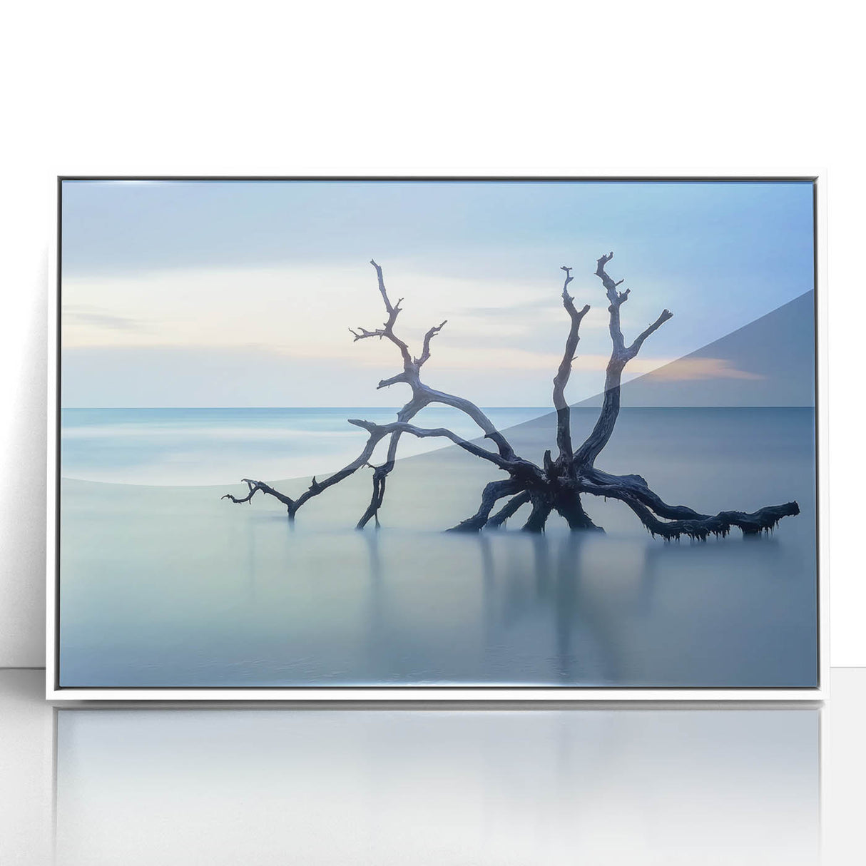 Framed acrylic artwork showcasing a vibrant beach landscape with turquoise water and golden sand, set in a sleek white frame, ideal for coastal home decor.