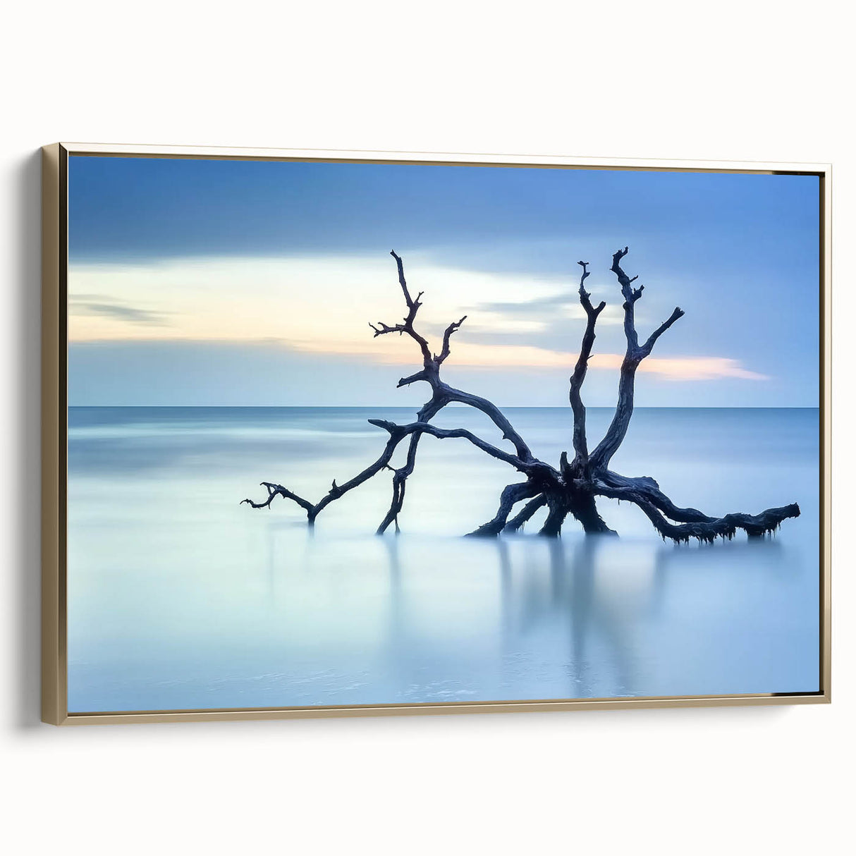 Framed canvas artwork depicting a serene beach landscape, featuring vibrant colors and a gold frame, ideal for home decor. Perfect for beach lovers and art enthusiasts.