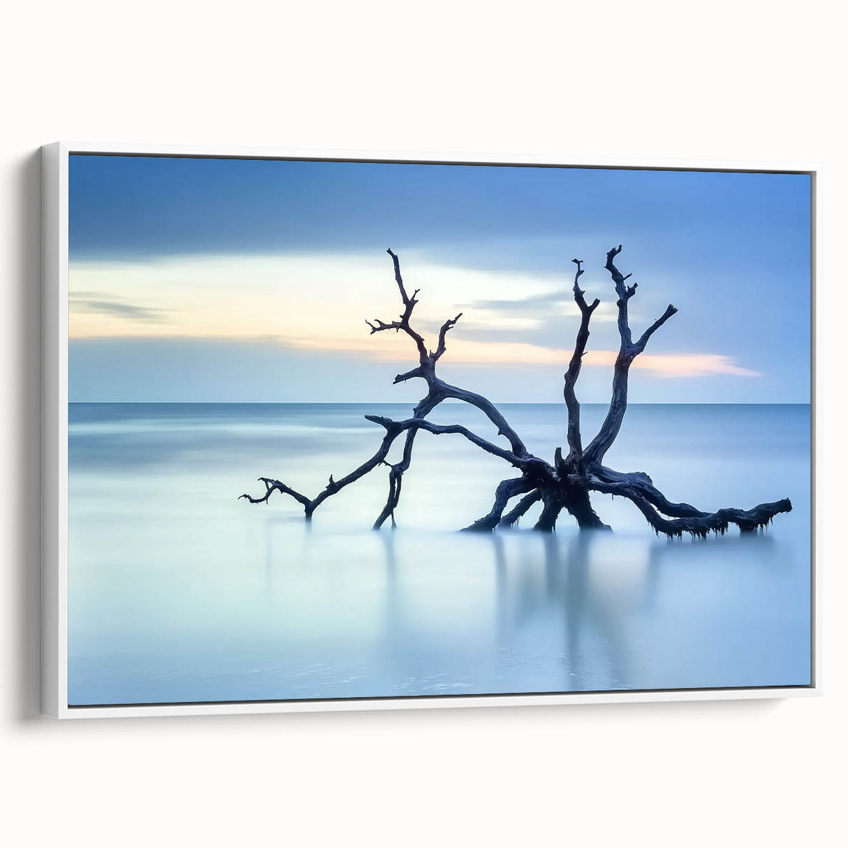 Framed canvas artwork depicting a serene beach landscape with vibrant colors, displayed from a white side view, perfect for home decor and coastal themes.