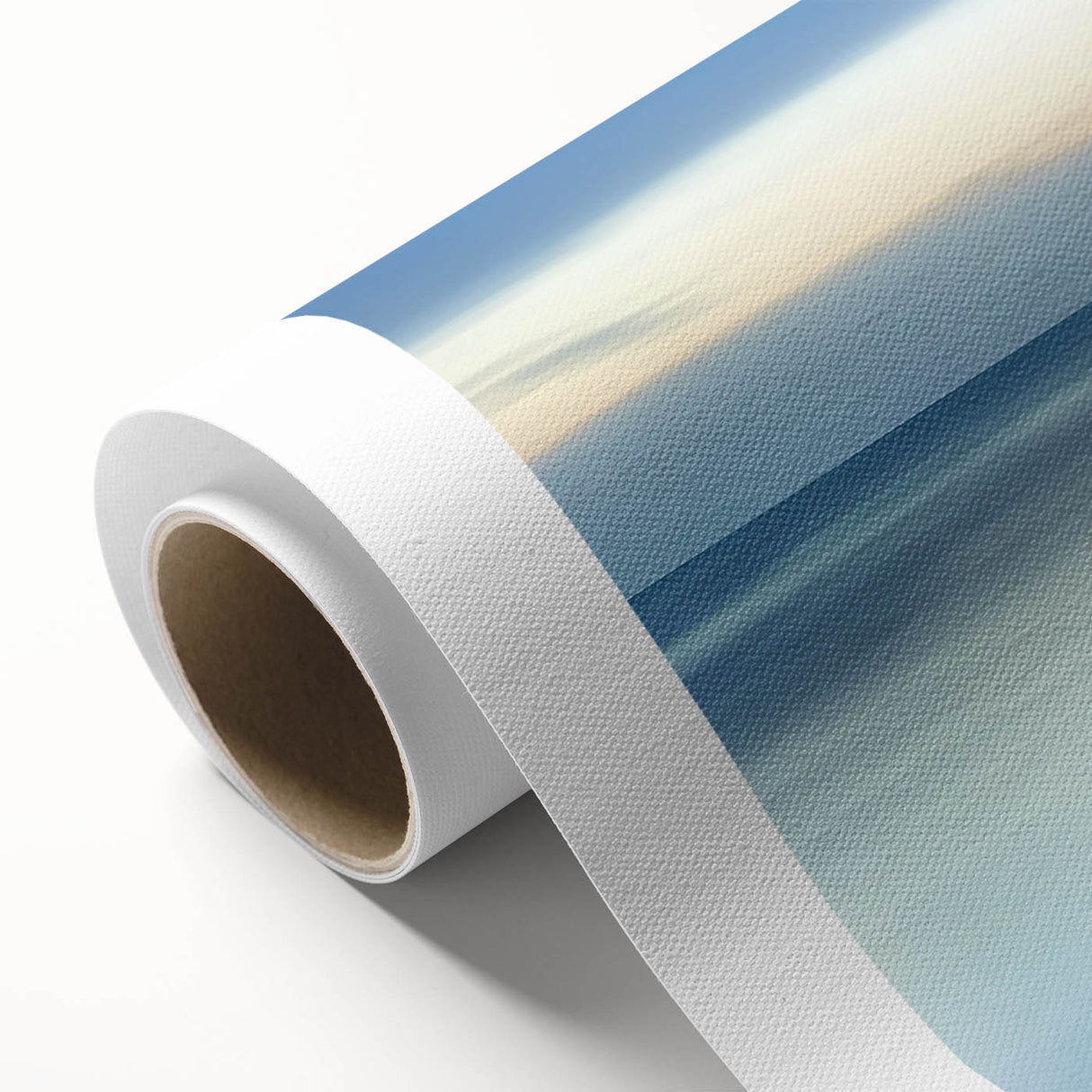 Vibrant rolled canvas showcasing a serene beach landscape with soft waves and golden sand, elegantly packaged in a protective cardboard tube, ideal for home decor.