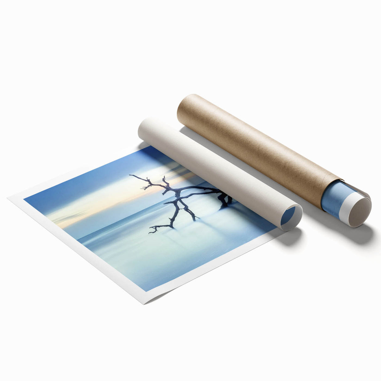 Stunning rolled landscape print depicting serene beaches with a vibrant sunset, showcasing soft waves and sandy shores, perfect for coastal decor enthusiasts.