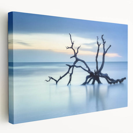 Stretched canvas artwork depicting a vibrant beach landscape with blue skies and golden sand, ideal for coastal-themed decor. Perfect for brightening living spaces.