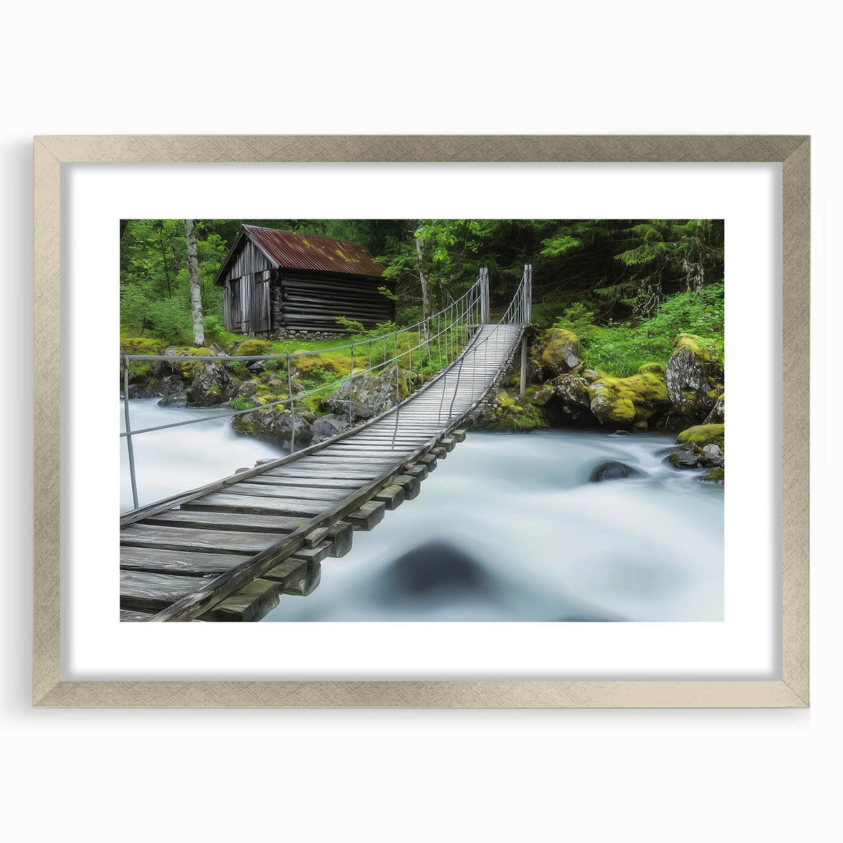 Silver landscape bridge frame with a mat, showcasing a modern design, front view highlighting its sleek lines and polished finish, perfect for home decor.