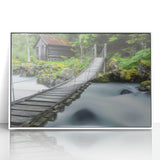 Framed acrylic artwork of a serene landscape bridge scene, featuring vibrant colors and intricate details, set against a clean white frame, ideal for home decor.