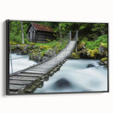 Framed canvas artwork showcasing a landscape view of a bridge with a black frame, emphasizing modern design elements and vibrant colors. Perfect for home decor.