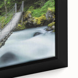 Close-up of a framed landscape canvas depicting a serene bridge scene, showcasing vibrant colors and intricate details, perfect for home decor and art enthusiasts.
