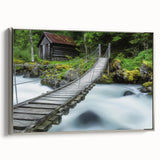 Framed canvas artwork depicting a serene landscape with a bridge, showcasing soft colors and intricate details, ideal for home decor and aesthetic enhancement.