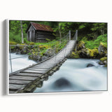 Landscape canvas print of a scenic bridge framed in white, showcasing intricate details and natural colors, ideal for home or office decor enhancement.