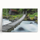 Stretched canvas artwork depicting a serene landscape bridge over a tranquil river, showcasing vibrant greens and blues, perfect for home décor and nature lovers.