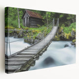 Stretched canvas artwork depicting a tranquil landscape bridge scene at sunset, showcasing vibrant colors and intricate details, perfect for home decor.