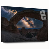 Acrylic glass artwork showcasing a stunning landscape of colorful canyons, side view without pins, ideal for modern home decor. Perfect for nature enthusiasts.
