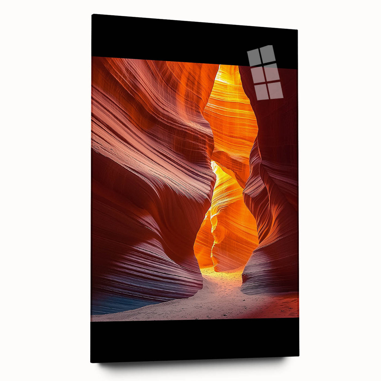 Desert landscape acrylic glass artwork showcasing vibrant colors and smooth texture, displayed in a side view without pins, ideal for modern home decor.