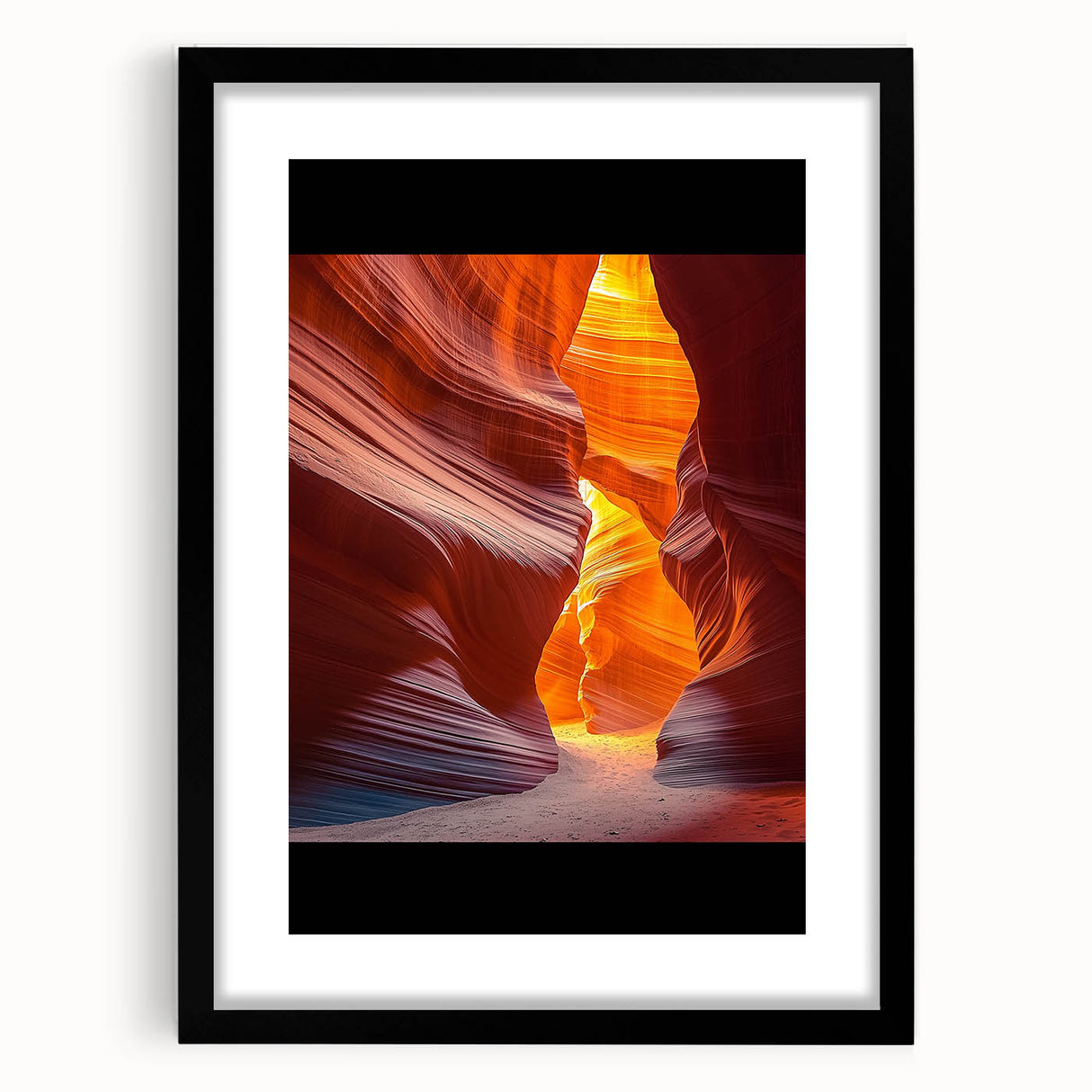 Desert landscape artwork framed in black with a white mat, showcasing vibrant hues of orange and yellow, perfect for modern home decor.