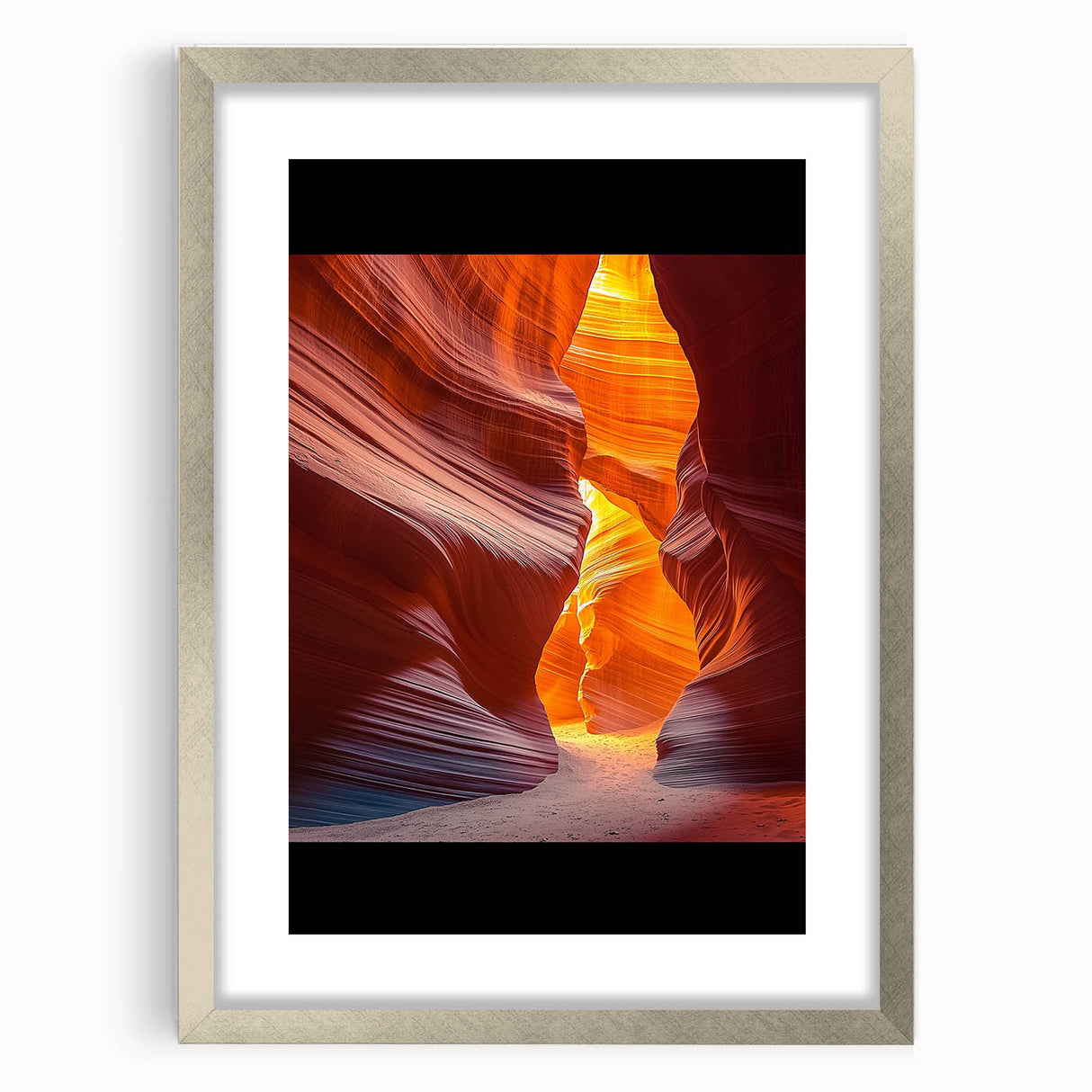Desert landscape framed art print in a silver mat, showcasing vibrant hues of orange and red with intricate details, perfect for home decor or office settings.