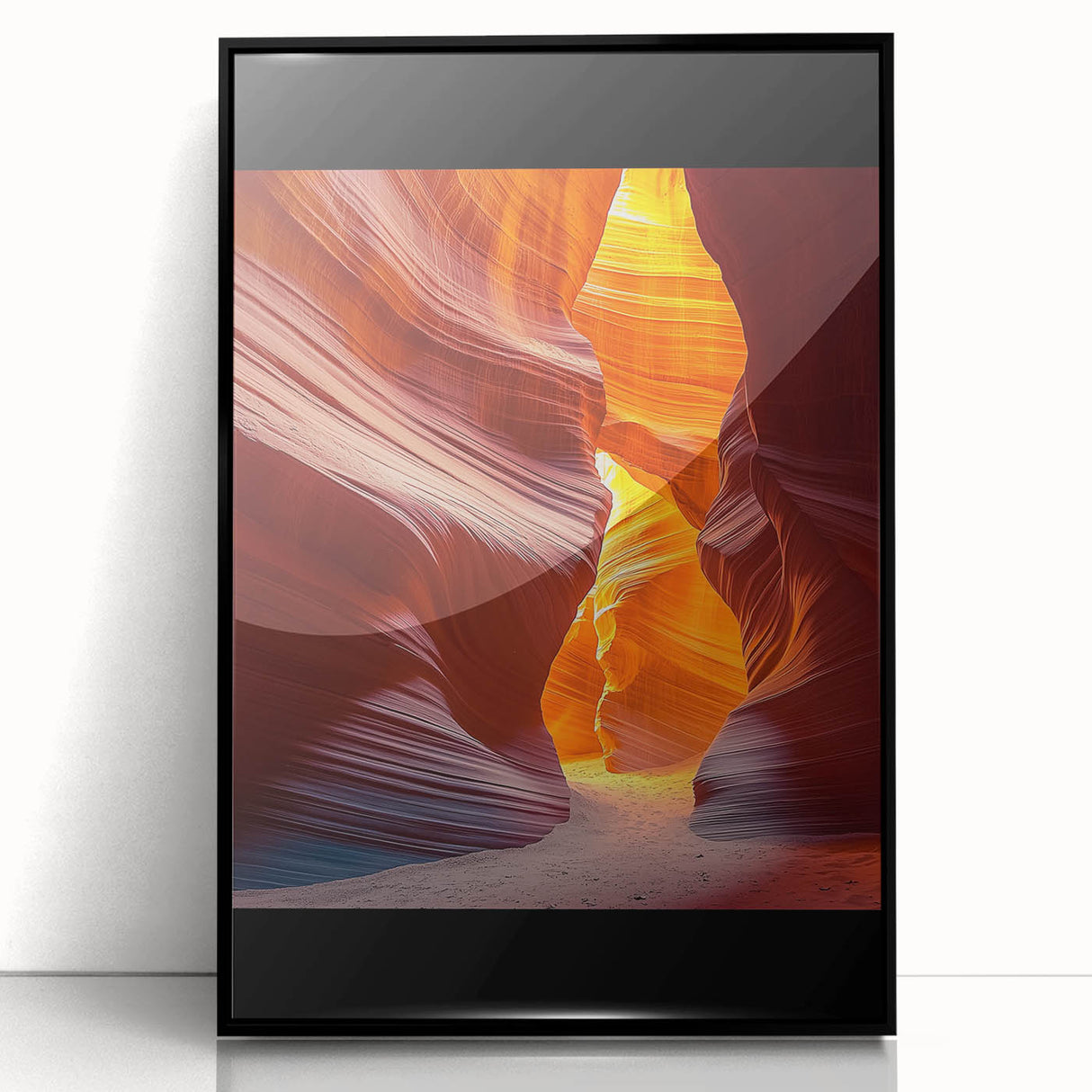 Framed acrylic artwork showcasing a vibrant desert landscape with warm hues of orange and yellow, set against a sleek black frame, perfect for modern home decor.