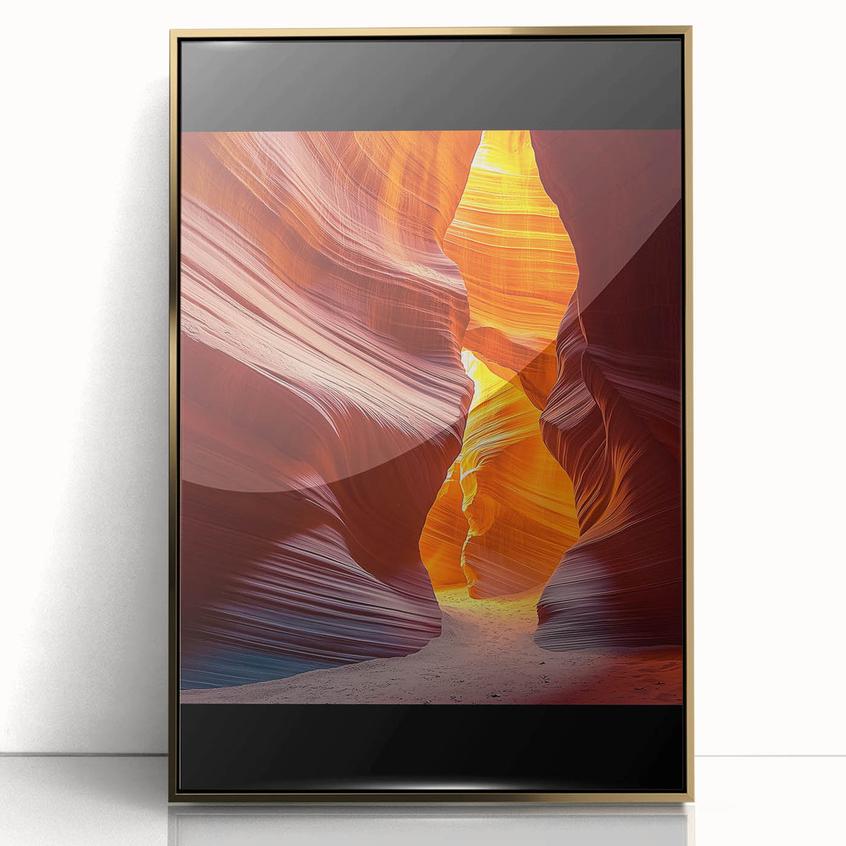 Framed acrylic artwork showcasing a stunning desert landscape with warm gold tones, perfect for enhancing modern home decor and creating a serene atmosphere.