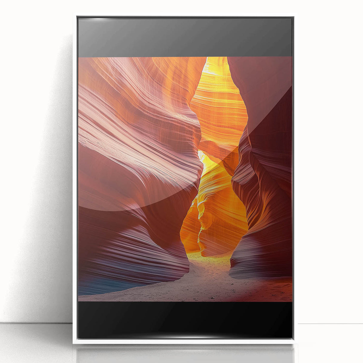 Framed acrylic artwork depicting a vibrant desert landscape with warm hues of orange and yellow, ideal for modern home decor. Perfect for enhancing living spaces.
