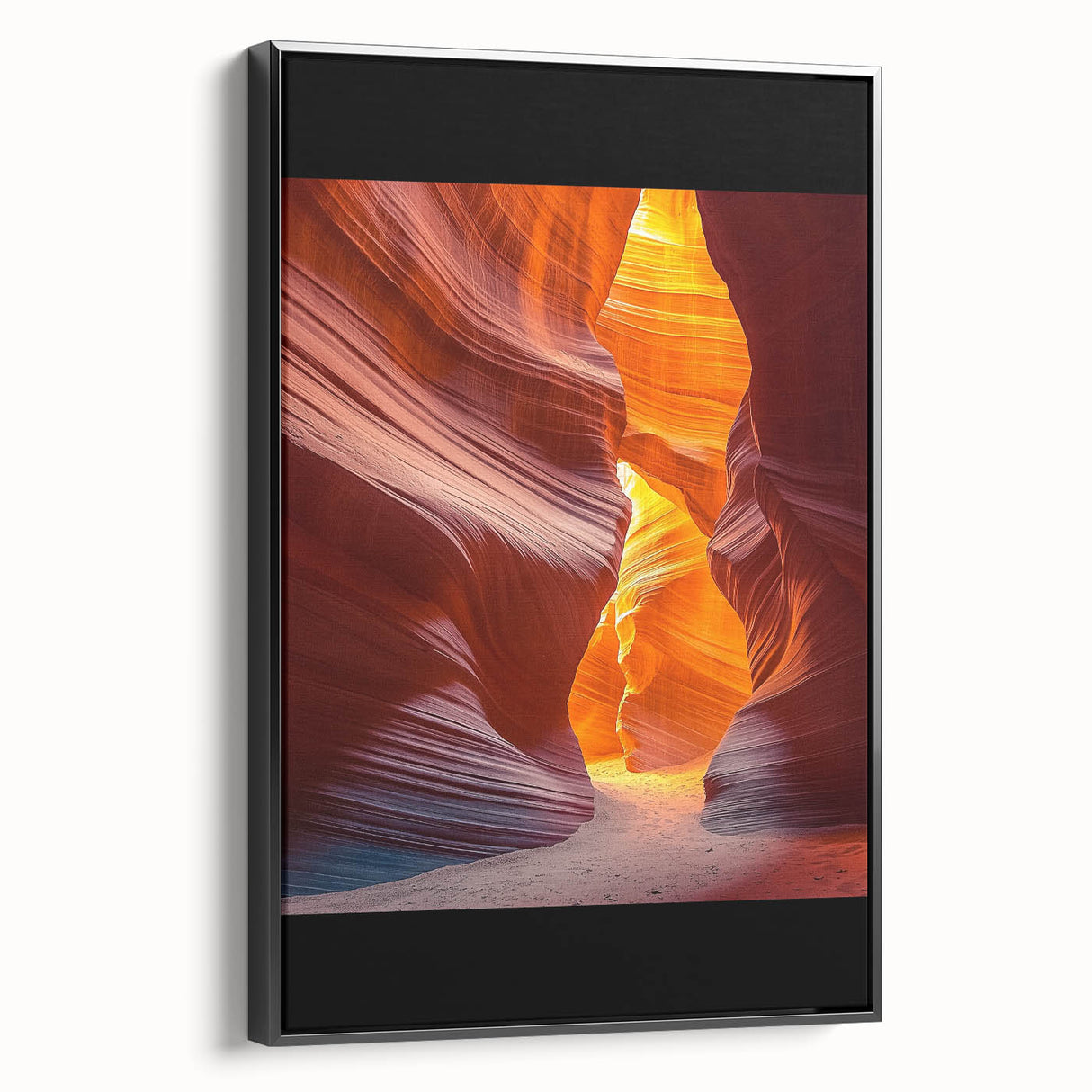 Framed canvas artwork depicting a serene desert landscape with warm tones of orange and beige, featuring a sleek black frame, perfect for enhancing modern decor.