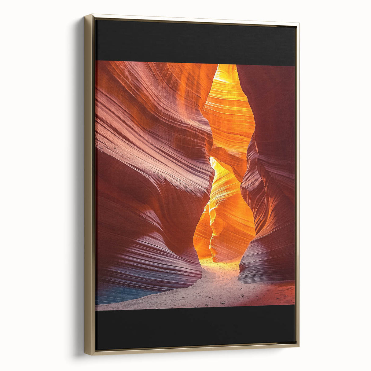 Framed canvas artwork showcasing a vibrant desert landscape in warm gold tones, perfect for home decor, highlighting stunning natural beauty and serenity.