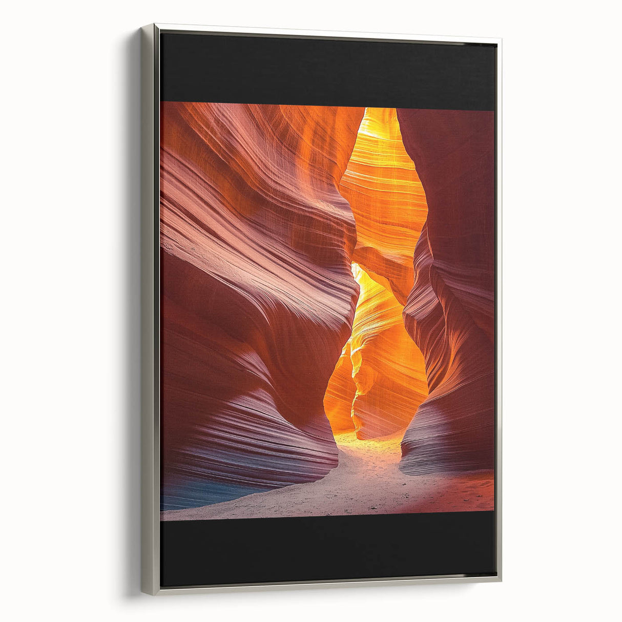 Framed canvas art depicting a vibrant desert landscape with warm colors, showcasing a silver frame that enhances the visual appeal, ideal for home decor.