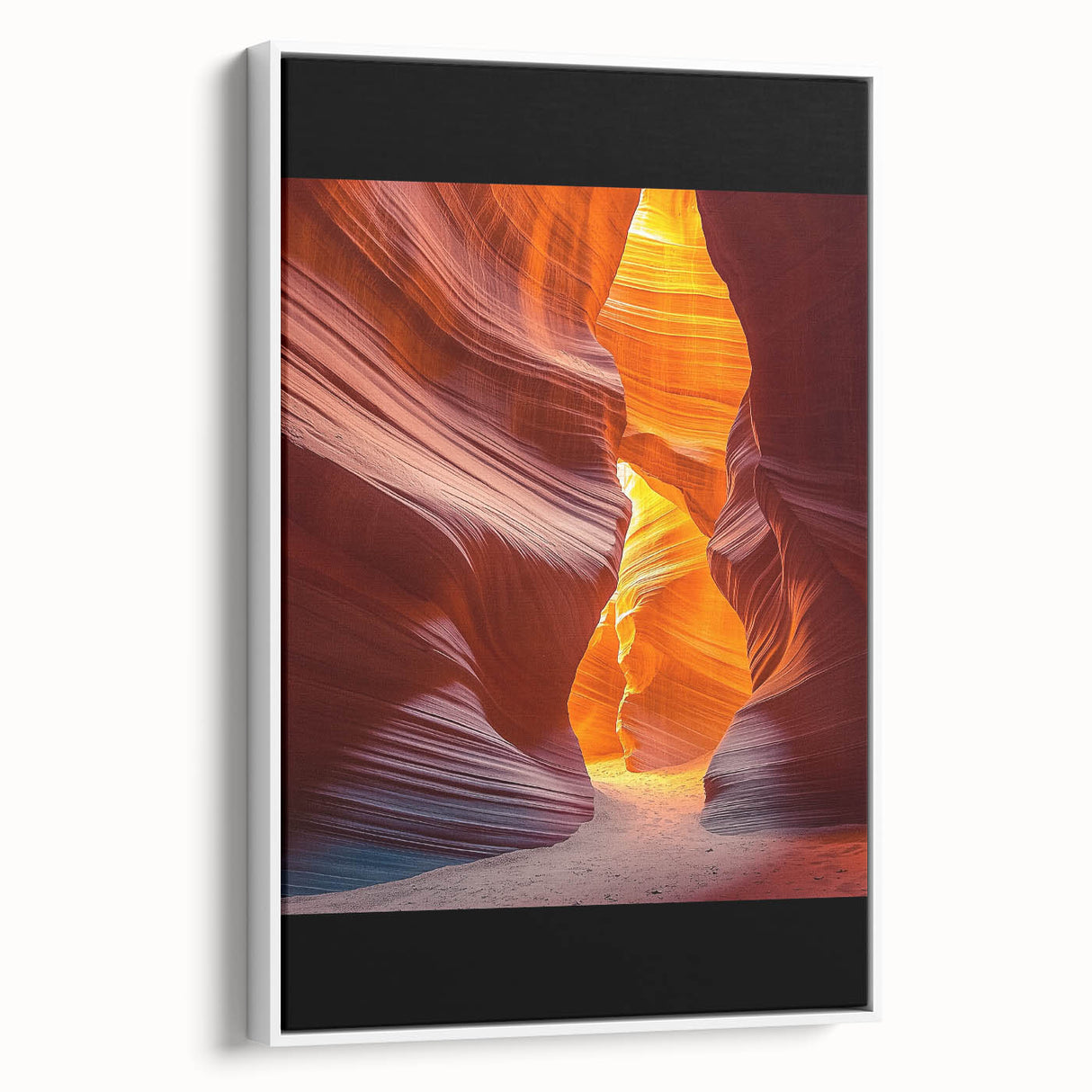 Framed canvas artwork depicting a serene desert landscape with soft, warm hues, elegantly showcased from a side view against a white backdrop. Ideal for modern home decor.